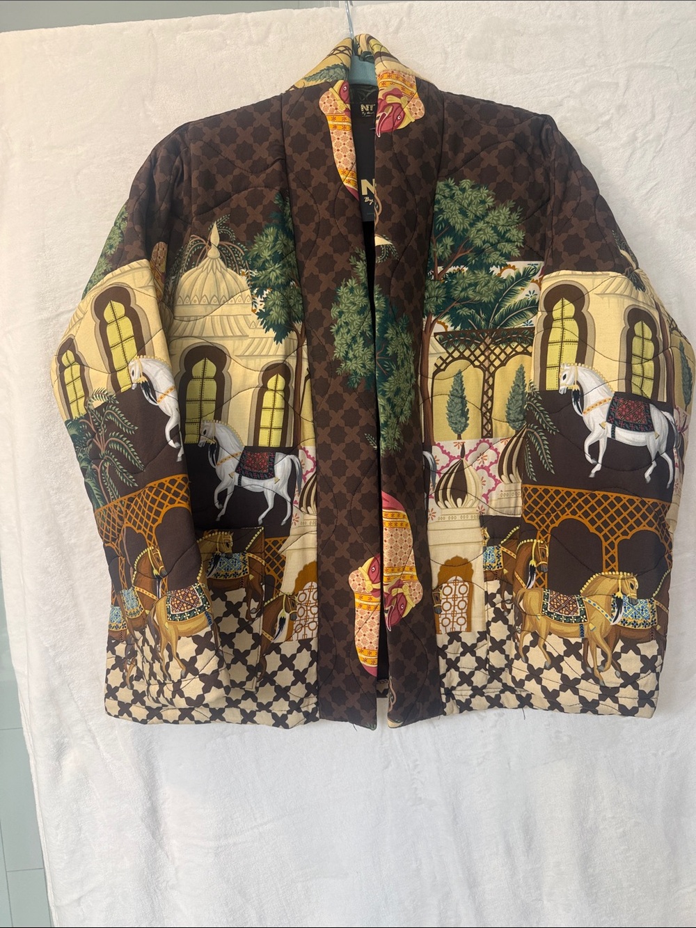 Ornate Equestrian Print Quilted Jacket in Brown and Cream